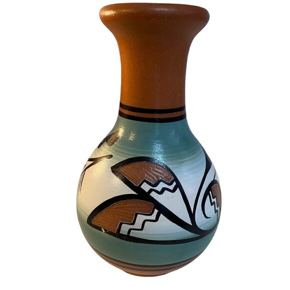 Native American Signed Clay Redware Pottery 7" Vase Hand Painted Glazed - Picture 2 of 8